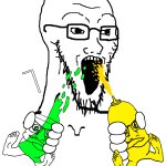 Soyjak eating and drinking at the same time
