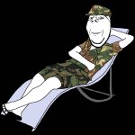 Military soldier soyjak resting on lawn chair