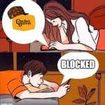Cracker Barrel | BLOCKED | image tagged in boy and girl texting,blocked | made w/ Imgflip meme maker