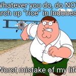 PLEASE DON’T | Whatever you do, do NOT search up “rice” in Indonesian; Worst mistake of my life | image tagged in peter griffin running away | made w/ Imgflip meme maker