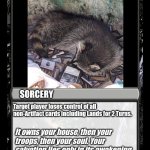 Sleeping Racoon MTG Card | SLEEPING RACOON; SORCERY; Target player loses control of all non-Artifact cards including Lands for 2 Turns. It owns your house, then your troops, then your soul. Your salvation lies only in its awakening. | image tagged in black magic the gathering card | made w/ Imgflip meme maker