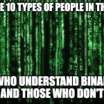 Matrix Code | THERE ARE 10 TYPES OF PEOPLE IN THE WORLD; THOSE WHO UNDERSTAND BINARY CODE
AND THOSE WHO DON'T | image tagged in matrix code | made w/ Imgflip meme maker