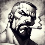 Chubby yet tone man with a goatee smokes a cigarette