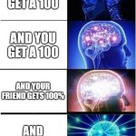 I just got a 100 | WHEN YOU GET A 100; AND YOU GET A 100; AND YOUR FRIEND GETS 100%; AND YOU GOT 100 | image tagged in memes,expanding brain,funny | made w/ Imgflip meme maker