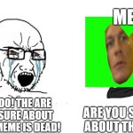 Soyboy Vs Yes Chad | ME:; ARE YOU SURE ABOUT THAT? NOOOO! THE ARE YOU SURE ABOUT THAT MEME IS DEAD! | image tagged in soyboy vs yes chad | made w/ Imgflip meme maker
