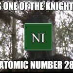 Ni | THIS IS ONE OF THE KNIGHTS OF NI; NI; ATOMIC NUMBER 28 | image tagged in knights of ni,periodic table | made w/ Imgflip meme maker