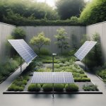 backyard garden w ONE angled small solar panel on 4 ft metal pol