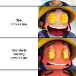 Seeing my crush - ZOEY EDITION | I saw my crush; She notices me; She starts walking towards me; She starts talking to me | image tagged in kpop demon hunters - corn eyes reaction | made w/ Imgflip meme maker