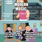You Guys always act like you're better than me | MODERN MUSIC; MUSIC FROM THE 1980S; MUSIC FROM THE 1950S (ESPECIALLY ELVIS PRESLEY), 1960S AND 1970S; MUSIC FROM THE 1990S AND THE 2000S | image tagged in you guys always act like you're better than me,music,modern music sucks | made w/ Imgflip meme maker