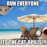 AAAaa | RUN EVERYONE; ITS THE CAT-OPILIS!!! | image tagged in beach | made w/ Imgflip meme maker