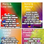 Ario Bros views on bank robbing | BANK ROBBING; MARIO & LUIGI: "MAMA MIA! ROBBING A BANK IS-A NO GOOD! WE MUST PROTECT THE PEOPLE AND STOP THOSE WHO WOULD DO SUCH BAD THINGS!"; WARIO & WALUIGI: "WAHAHA! OF COURSE WE’D ROB A BANK! GOLD, JEWELS, RICHES... ALL OURS! NOBODY CAN STOP US, NOT EVEN THOSE GOODY-TWO-SHOES PLUMBERS!"; EARIO & EARUIGI: "HONESTLY, ROBBING A BANK? NAH MAN, THAT’S NOT COOL. WE’D RATHER, LIKE, STAND UP FOR THE LITTLE GUYS. MARIO AND LUIGI WOULD NEVER DO SOMETHING LIKE THAT, SO WE WOULDN’T EITHER."; WAWARIO & WAWALUIGI: "UHHHH... WE STEAL-A... MONEY! YESSS! BANKS GO BOOM, TREASURE COME TO US! NO ONE STOP DA WAWARIO BROS!! WAHHH!!" | image tagged in the ario bros views on,mario,mario bros views,super mario,super mario bros | made w/ Imgflip meme maker