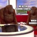 i want summer break to be longer | ME AFTER SCHOOL STARTS; WHEN NEXT SUMMER BREAK | image tagged in where monkey | made w/ Imgflip meme maker