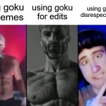it can get a controversy | using goku for memes; using goku to disrespect religion; using goku for edits | image tagged in colonel sanders vs gigachad vs femboy,dragon ball,goku,anime | made w/ Imgflip meme maker