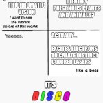Evolution can you give me... | IDENTIFY POISONOUS PLANTS AND ANIMALS? TRICHROMATIC VISION; I want to see the vibrant colors of this world! ACTUALLY...
           EXCITES ELECTRONS TO CREATE DISTINCT COLORED LASERS; like a boss; D; I; S; C; O; IT'S; TIME; *plays
Bee Gees - Stayin' Alive | image tagged in evolution can you give me,trichromatic vision,evolution,disco | made w/ Imgflip meme maker