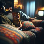 Isang tao na nakahiga sa sofa, may chips sa kamay.