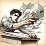 Student flipping desk of papers over with one hand, and his phon