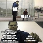 These are the ONLY things that are guilt free, becuase these are the ONLY THINGS in reality outside of dirt that is not alive. | ME; VEGAN; ANIMALS FEEL PAIN, BUGS FEEL PAIN, PLANTS FEEL PAIN, JELLYFISH DON'T EVEN HAVE A BRAIN AND STILL FEEL PAIN. PAIN IS A FORM OF REACTION DESIGN TO SHOW ONES AROUND YOU THAT DANGER EXISTS; MILK, UNFERLIZED EGGS AND FRUITS | image tagged in hulk taco | made w/ Imgflip meme maker