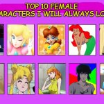 top 10 female characters i will always love | TOP 10 FEMALE CHARACTERS I WILL ALWAYS LOVE | image tagged in top 10 characters i will always love,female,video games,anime,movies,nerds | made w/ Imgflip meme maker