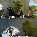 My nose randomly for no reason: | Me:; Can you not bleed... My nose:; ...FOR FIVE MINUTES?! | image tagged in shrek five minutes | made w/ Imgflip meme maker