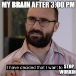 I have decided that I want to die | MY BRAIN AFTER 3:00 PM; STOP WORKING | image tagged in i have decided that i want to die,brain | made w/ Imgflip meme maker