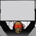 Skeltor holding sign