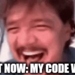 Tell me this is not just for me | RIGHT NOW: MY CODE DOESN'T WORK; RIGHT NOW: MY CODE WORKS | image tagged in gifs,programming,fun,bugs,work,code | made w/ Imgflip video-to-gif maker