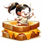 A small girl sitting on a gigantic grilled cheese while dancing