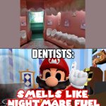 Dental office waiting room with modled teeth as either chairs or decorations...WHY | DENTISTS: | image tagged in mario smells the nightmare fuel | made w/ Imgflip meme maker