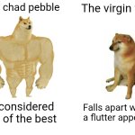 Buff Doge vs. Cheems | The chad pebble; The virgin vee; Is considered one of the best; Falls apart when a flutter appears | image tagged in memes,buff doge vs cheems | made w/ Imgflip meme maker