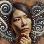 Female with a quizzical pondering expression, surrounded by musi