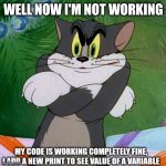 This is how you know you messed up | WELL NOW I'M NOT WORKING; MY CODE IS WORKING COMPLETELY FINE, I ADD A NEW PRINT TO SEE VALUE OF A VARIABLE | image tagged in angry tom,programming,funny,memes,fun,code | made w/ Imgflip meme maker