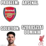 FT! LFC 1-0 ARS | ARSENAL; SZOBOSZLAI DOMINIK | image tagged in problem solution,liverpool,arsenal,premier league,football,sports | made w/ Imgflip meme maker