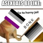 If you hate sex and you disrespect people who likes sex, you believe in asexual supremacy | ASEXUALS BE LIKE: | image tagged in go to horny jail,asexual,straight | made w/ Imgflip meme maker