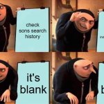 a meme about search history | check sons search history; Know it's gonna have inappropriate things; it's blank; it's blank | image tagged in memes,gru's plan,search history,browser history,google,bing | made w/ Imgflip meme maker