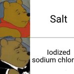 Na | Salt; Iodized sodium chloride | image tagged in memes,tuxedo winnie the pooh,salt,salty | made w/ Imgflip meme maker