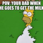 Dad Disappearing Meme | POV: YOUR DAD WHEN HE GOES TO GET THE MILK | image tagged in homer disappears into bush | made w/ Imgflip meme maker