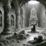 ruins dripping slime/rot, a single screaming figure.