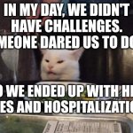 Smudge that darn cat | IN MY DAY, WE DIDN'T HAVE CHALLENGES. SOMEONE DARED US TO DO IT. SO WE ENDED UP WITH HIGH FIVES AND HOSPITALIZATIONS | image tagged in smudge that darn cat | made w/ Imgflip meme maker