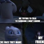 me talking to people | ME TRYING TO TALK TO SOMEONE I DON'T KNOW; MY FRIEND; THE FACE THEY MAKE | image tagged in how to train your dragon 3 | made w/ Imgflip meme maker