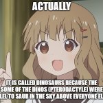 Dino Fact | ACTUALLY; IT IS CALLED DINOSAURS BECAUSE THE SOME OF THE DINOS (PTERODACTYLE) WERE ABLEL TO SAUR IN THE SKY ABOVE EVERYONE ELSE. | image tagged in the person above me,anime | made w/ Imgflip meme maker