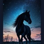 Black horse on starry sky