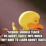 Boohoo | "SCHOOL SHOULD TEACH US ABOUT TAXES" MFS WHEN THEY HAVE TO LEARN ABOUT TAXES | image tagged in gifs,duck,crying,taxes,lol so funny,capitalism | made w/ Imgflip video-to-gif maker