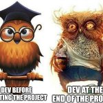 Don't you dare disagree | DEV AT THE END OF THE PROJECT; DEV BEFORE STARTING THE PROJECT | image tagged in owl before and after,programming,fun,memes | made w/ Imgflip meme maker