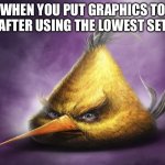 graphics full | WHEN YOU PUT GRAPHICS TO FULL AFTER USING THE LOWEST SETTING | image tagged in realistic yellow angry bird | made w/ Imgflip meme maker