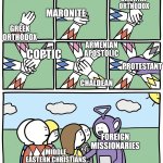 Indigenous Christians of MENA. | ORIENTAL 
ORTHODOX; MARONITE; GREEK
ORTHODOX; ARMENIAN
APOSTOLIC; COPTIC; PROTESTANT; CHALDEAN; FOREIGN MISSIONARIES; MIDDLE EASTERN CHRISTIANS | image tagged in teletubbie hand circle,christianity,religion,wtf,middle east,arab | made w/ Imgflip meme maker