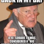 Back in my day | BACK IN MY DAY; A 15” SQUARE TV WAS CONSIDERED A “BIG SCREEN” AND I WAS THE REMOTE! | image tagged in memes,back in my day | made w/ Imgflip meme maker