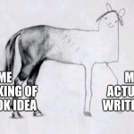 Horse Drawing | ME THINKING OF A BOOK IDEA; ME ACTUALLY WRITING IT | image tagged in horse drawing | made w/ Imgflip meme maker