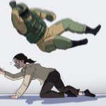 Woman crawling away from Falling Man