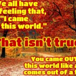 We Are ALL Born OF The Earth | "We all have this feeling that,
"I came INTO this world."; That isn't true; You came OUT of this world like a leaf comes out of a tree." | image tagged in road in autumn,mother earth,gaia,third rock from the sun,home,memes | made w/ Imgflip meme maker