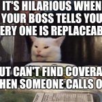 Smudge that darn cat | IT'S HILARIOUS WHEN YOUR BOSS TELLS YOU EVERY ONE IS REPLACEABLE; BUT CAN'T FIND COVERAGE WHEN SOMEONE CALLS OUT | image tagged in smudge that darn cat | made w/ Imgflip meme maker